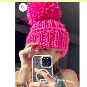 Bright Barbie Pink Knit over sized pompom Beanie